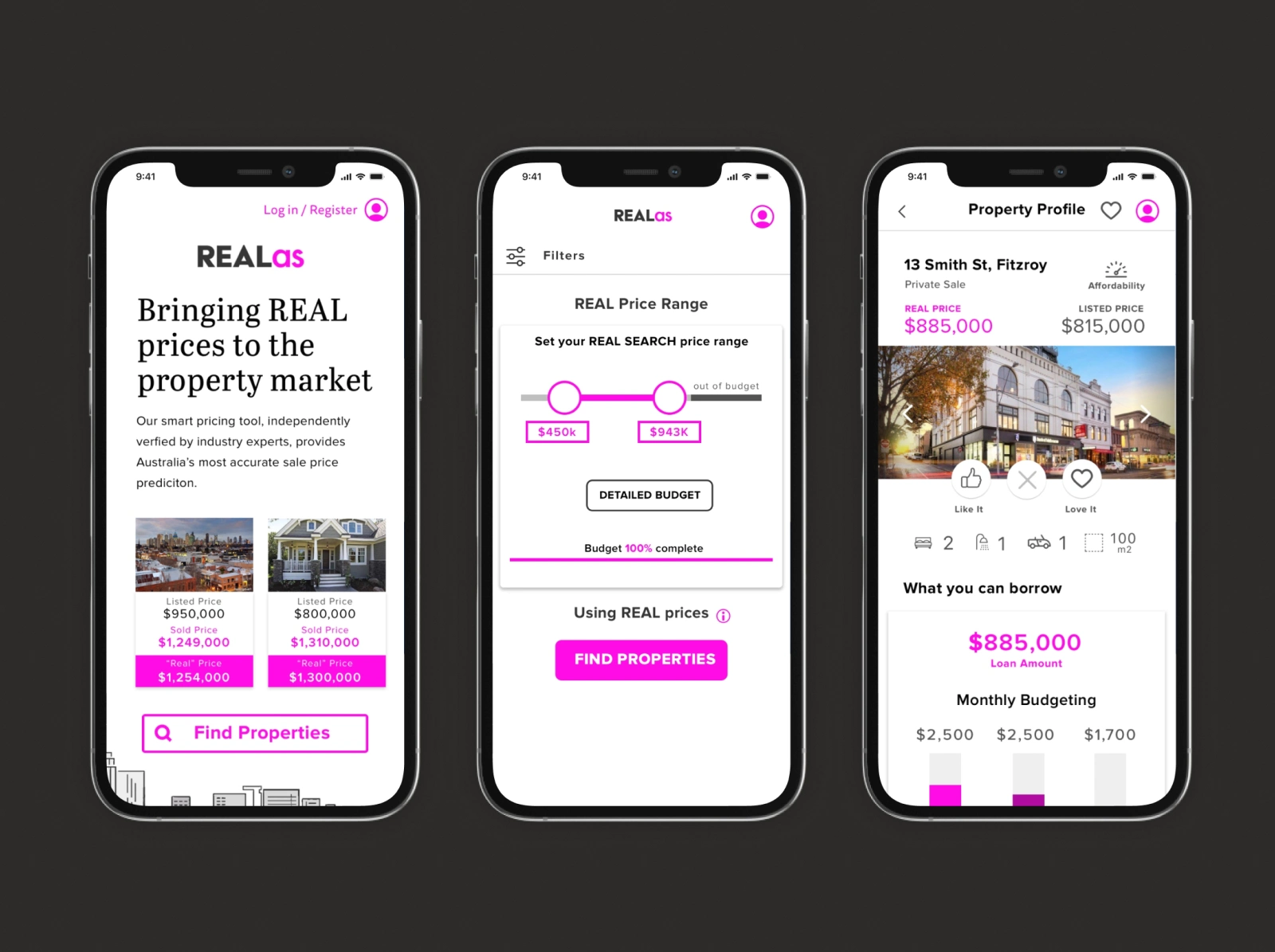 REALas property platform UI: landing, REAL price range filters, and property profile screens