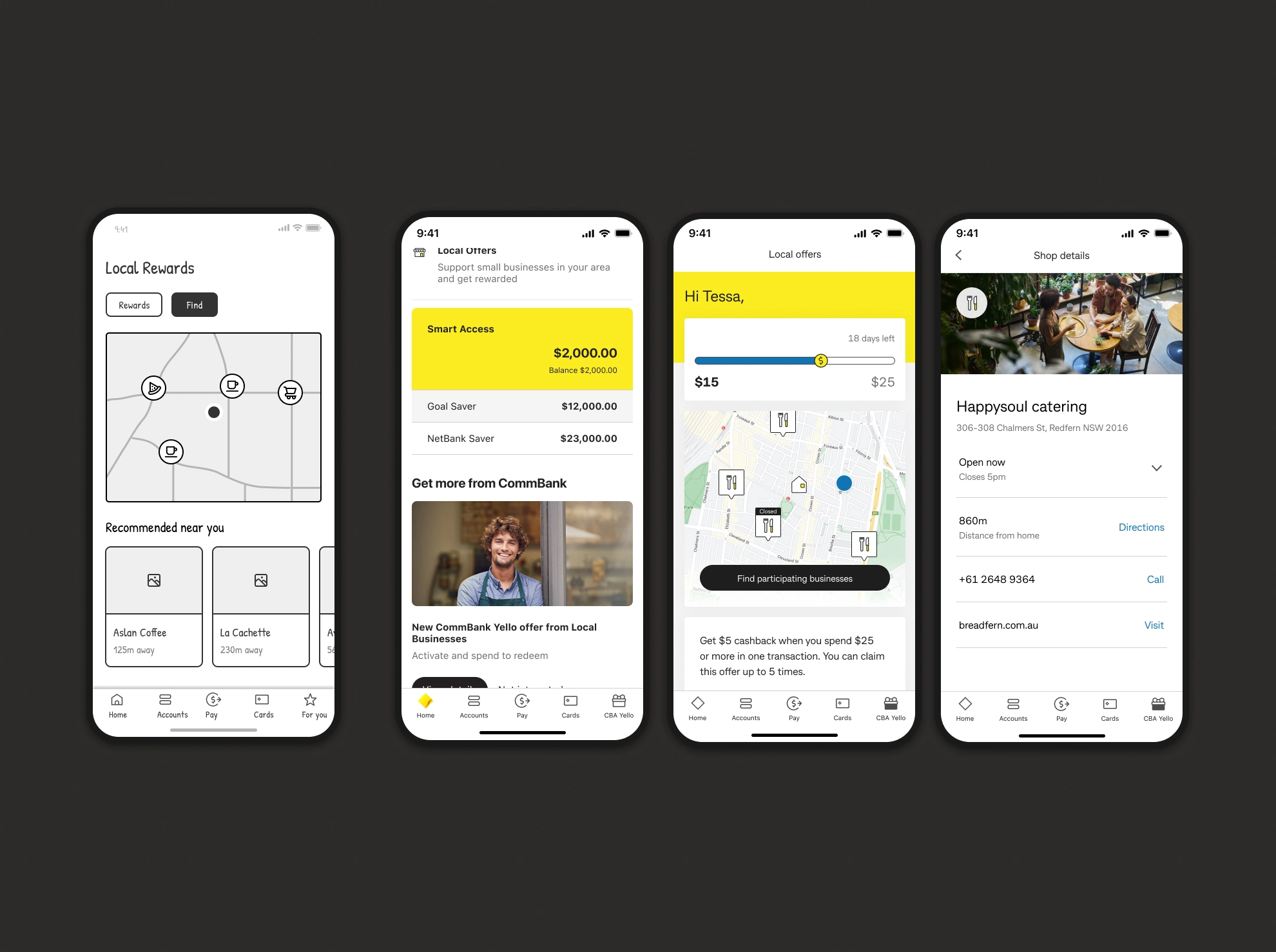 CommBank Small Business Local Offers experience in the mobile app: local rewards, offers, map, and shop details
